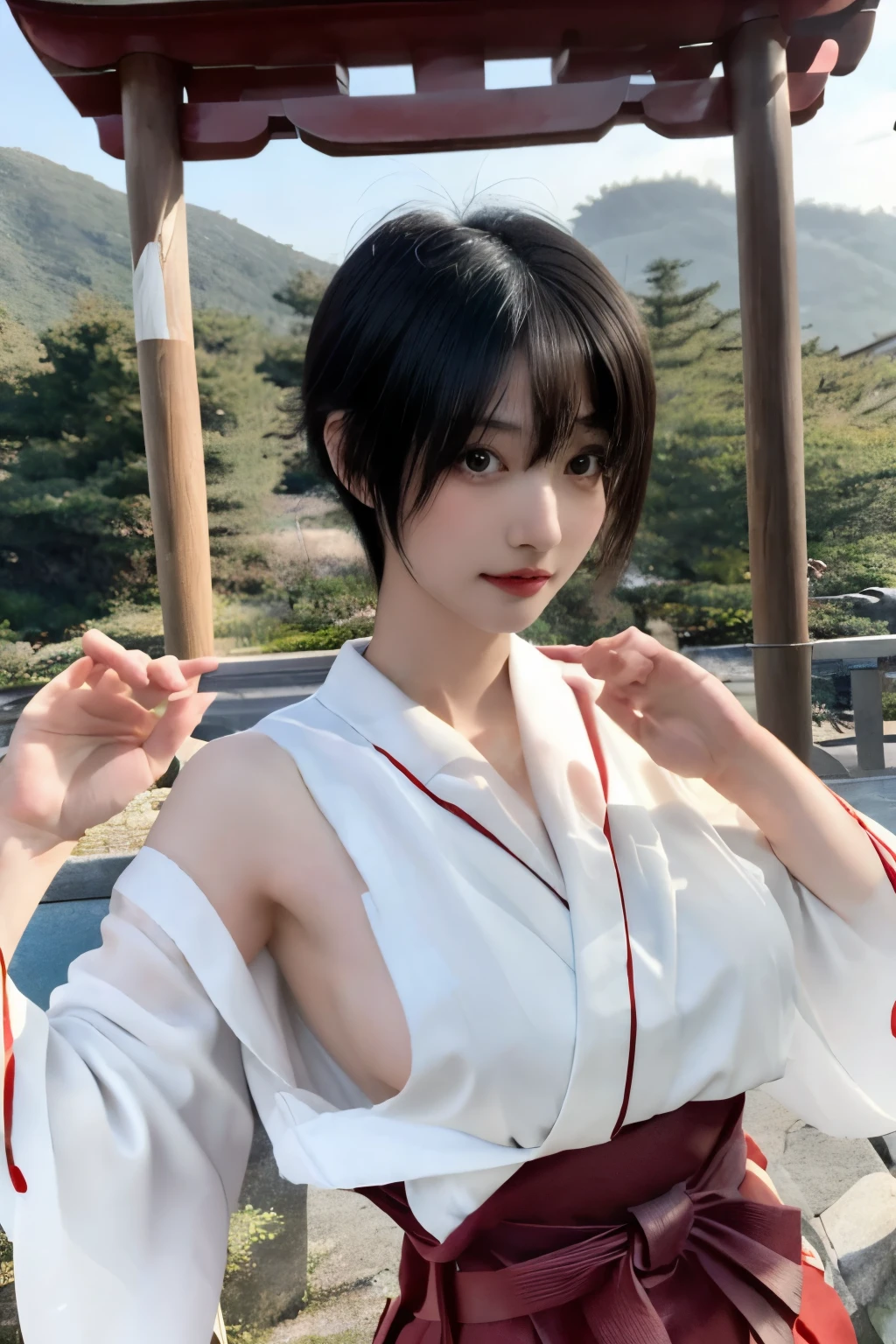 Masterpiece、highest quality、Woman 1、Long-limbed woman、Photo realistic、Super detailed、Gravure idol Black Hair、short hair、Straight Hair Red Hakama、Shrine maiden、White kimono Sideide boob、Large Breasts、side Raise your arms、Gravure pose shrine
