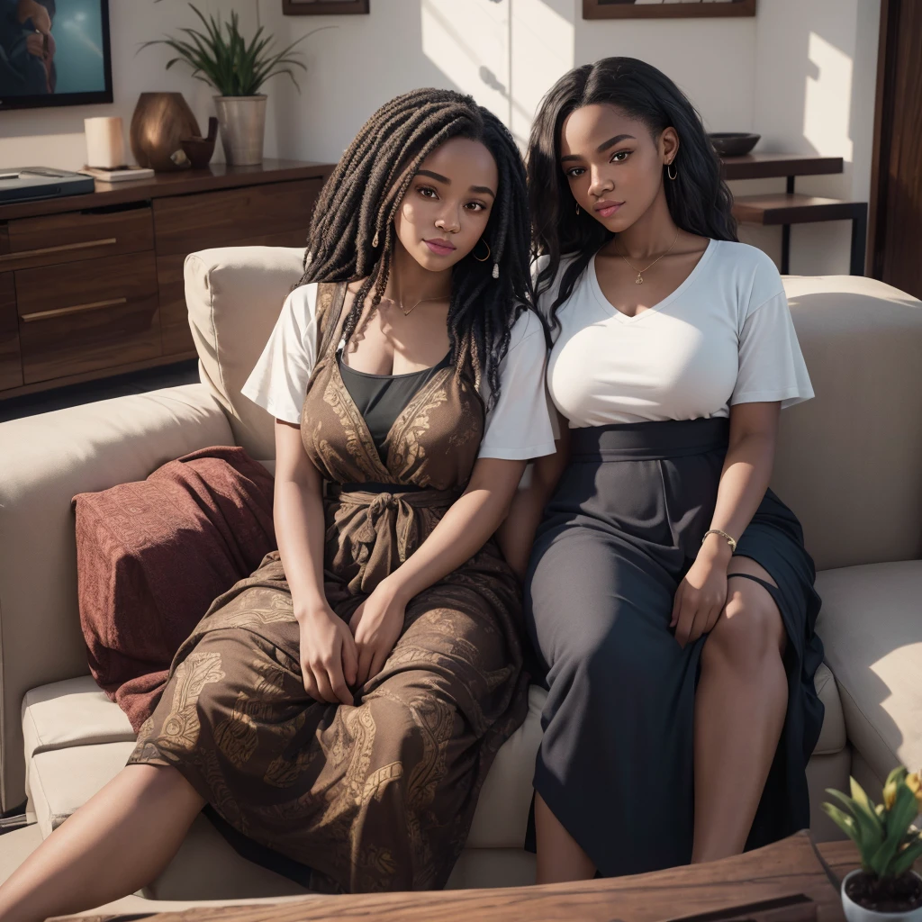 two young biracial sisters sitting next to african man beard, couch in a living room, happy, detail portrait shot 8k, high quality portrait, shot on sony a 7 iii, 8k portrait render, 8k photo