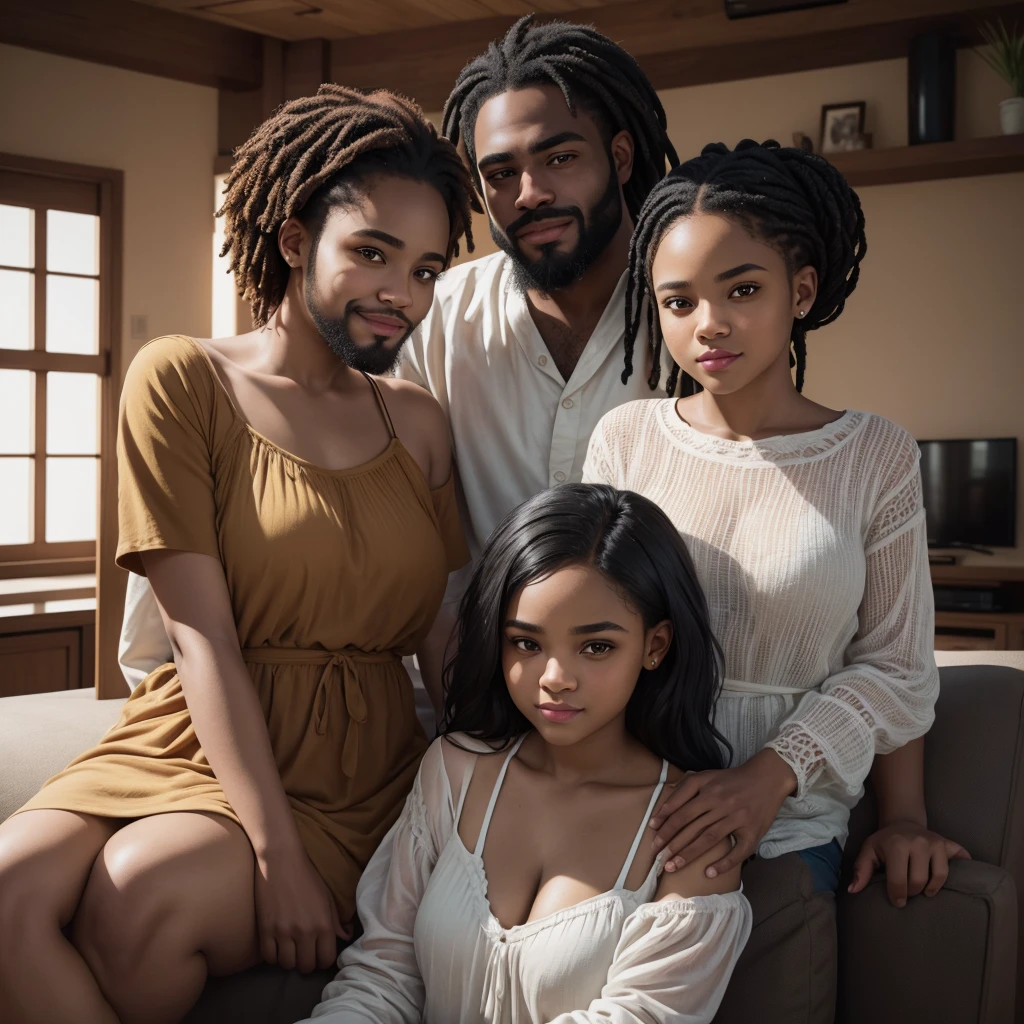 two young biracial sisters sitting next to african man beard, couch in a living room, happy, detail portrait shot 8k, high quality portrait, shot on sony a 7 iii, 8k portrait render, 8k photo