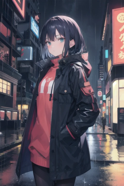 1girl,night city,rain,coat,hands in pockets