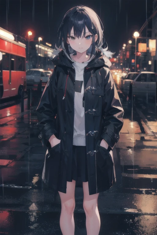 1girl,night city,rain,coat,hands in pockets