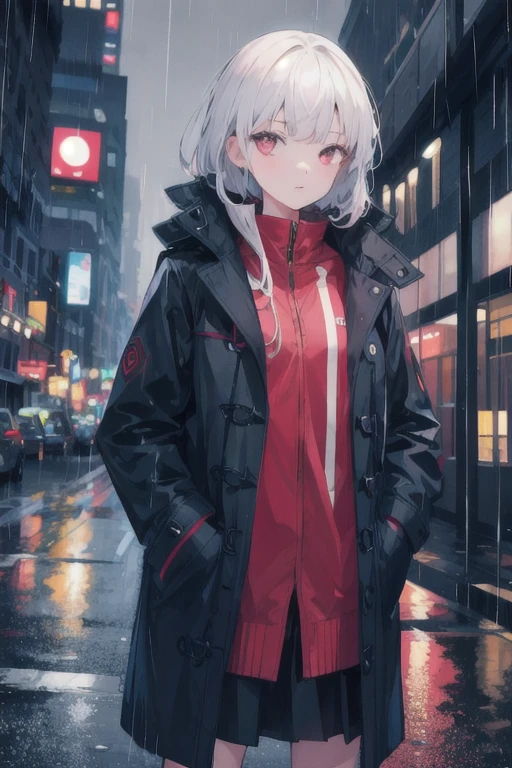 1girl,night city,rain,coat,hands in pockets