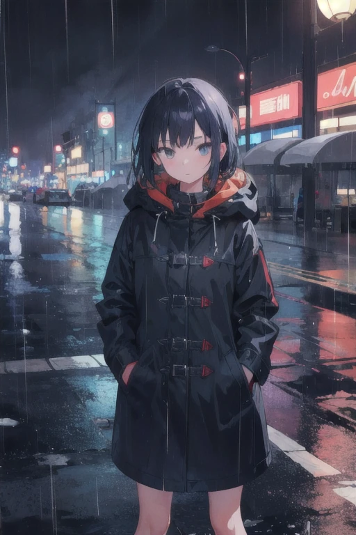 1girl,night city,rain,coat,hands in pockets