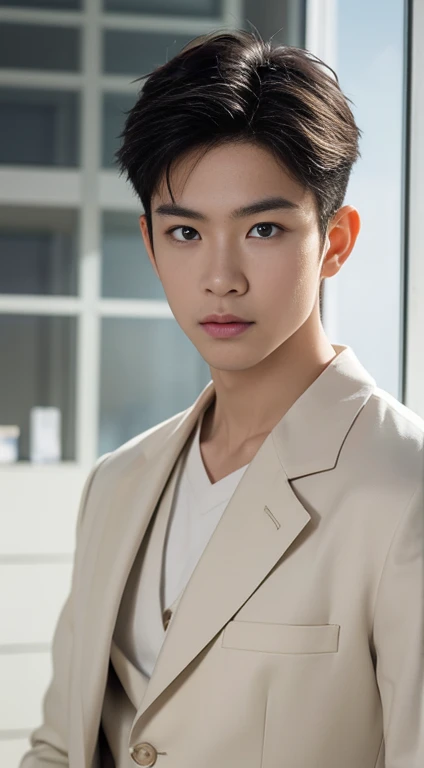 A asian boy,19 years old, handsome, Full Body Shoot, Short Quiff hairstyle, (eyes contact), look at camera, detailed facial parts, Manly, with a muscular constitution :: high detail, is in white clinical coat, working in a pharmacy, surreal, fantasy, magical, intricate details, (dynamic upper body posture: 1.1), depth of field. Best quality, masterpiece, ultra high resolution, (anime realism, photorealistic: 1.4), perfect composition, centered, symmetry, white clinical colour theme