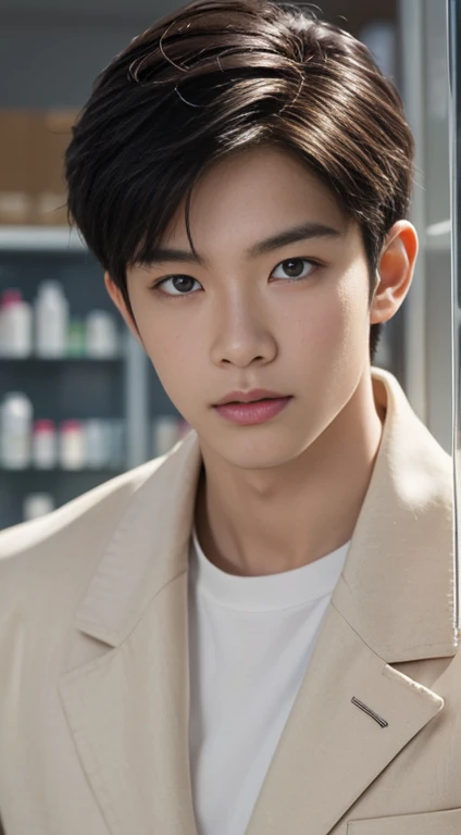 A asian boy,19 years old, handsome, Full Body Shoot, Short Quiff hairstyle, (eyes contact), look at camera, detailed facial parts, Manly, with a muscular constitution :: high detail, is in white clinical coat, working in a pharmacy, surreal, fantasy, magical, intricate details, (dynamic upper body posture: 1.1), depth of field. Best quality, masterpiece, ultra high resolution, (anime realism, photorealistic: 1.4), perfect composition, centered, symmetry, white clinical colour theme