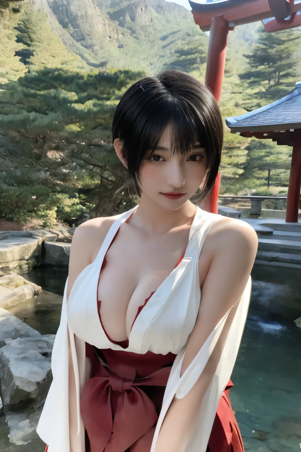 masterpiece, hinata\(boruto\), 1girl, mature women, (((red Kimono Spaghetti Strap Top))), (((Close-up photo))), (((selfie))), (((Closed Clothing))), (((cleavage))), (((big breasts))), (((big round breasts))), (((round breasts))), (((extremely heavy breasts))), (((Colossal tits))), (((heavy breasts))), (((plump breasts))), (((perfect breasts))), (((japanese housing background))), (((outdoor))), (shy face), detailed lips, beautiful face, blush, (pink lips), (((long hair))), white eyes, gentle gaze, smile, super realistic, detailed, realistic face and body, realistic hair, realistic eyes, realistic nose, realistic lips, seductive pose, (((straight bangs))), (dark blue hair), 28 year old girl