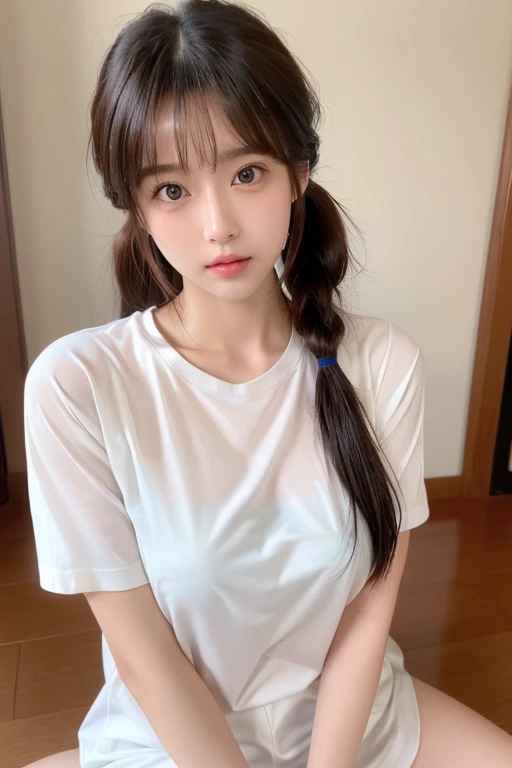 (RAW Photos、highest quality)、(Real、Photorealistic:1.3)、highest quality、High definition、masterpiece、Super fine、1 girl、Japanese s、Upper Body、Super fineCG統一8k壁紙、Dynamic Angle、World Mastery Theatre、highest quality、Highly detailed CG uniform 8k wallpaper、Detailed face、Twin tails、Black Hair、High-resolution screenshots、Woman with beautiful face、Larger breasts、White and shinyTshirt、Soaking wet、