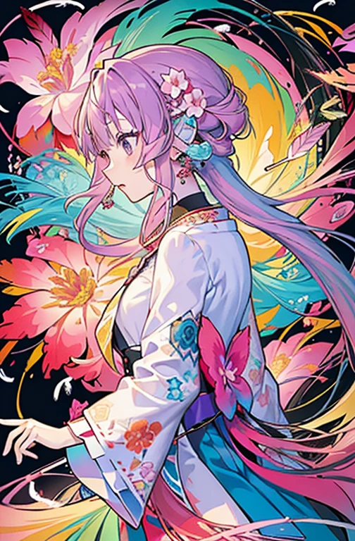 (One Girl、solo、From the side)、Very detailed、(Abstract background、Tangled、Fractal Art:1.3)、(Many colors、colorful:1.1)、(Tomomi Kobayashi:1.5)、(feather、petal、Floral:1.3)、Dynamic Pose、Earrings