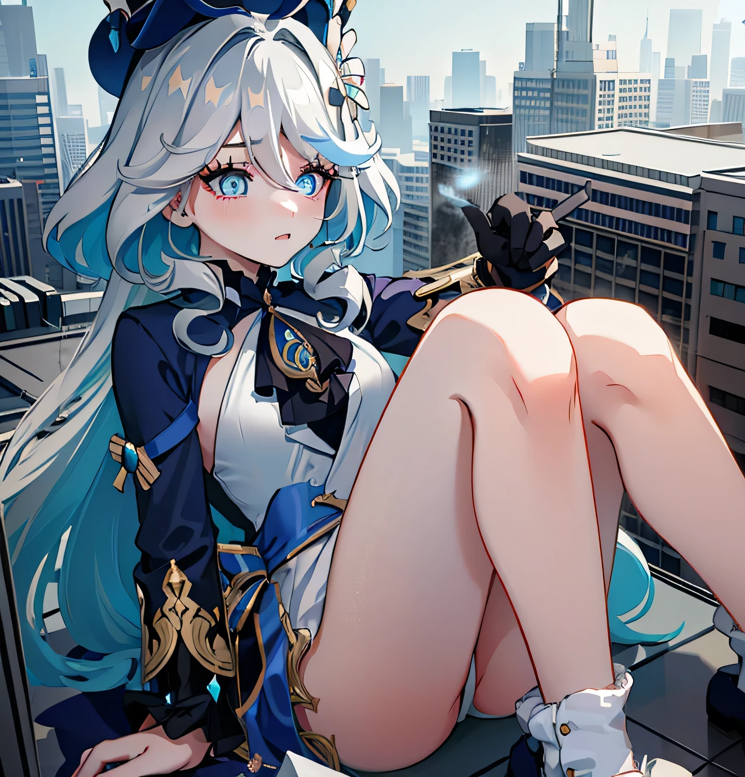 GTS girl sitting on the city,Forrina,Long hair,hair covering one eye,((Gradient hair)),Colored eyes, Gradient eyes, (Glowing eyes:1.5), mascara, (Fashion Makeup), Open it,blush,Hat Flower,helpless,Looking up