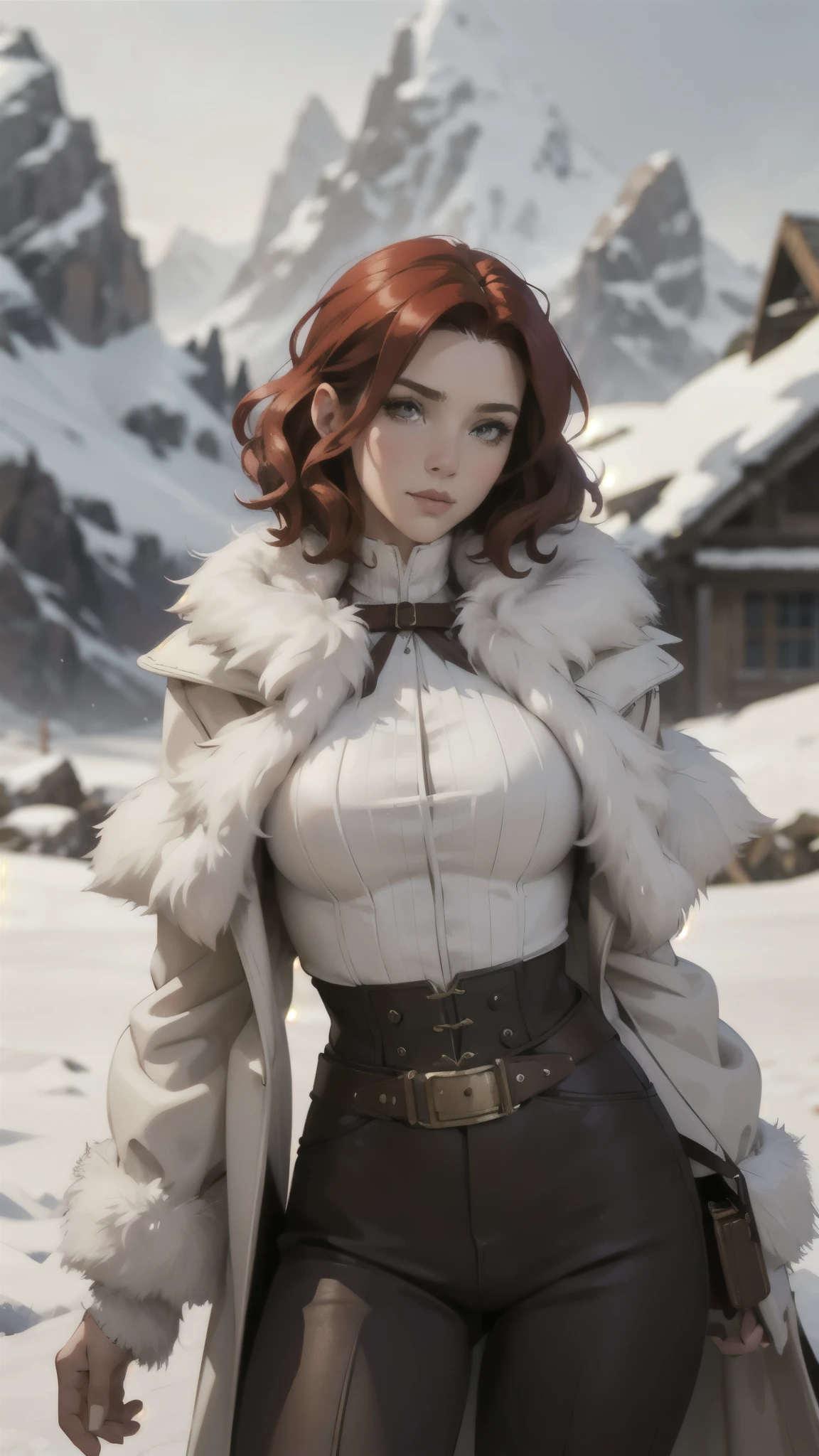 steampunk woman, short curly red hair, white fur coat, detailed face, early morning, snowy mountains, depth of field, blurry background
