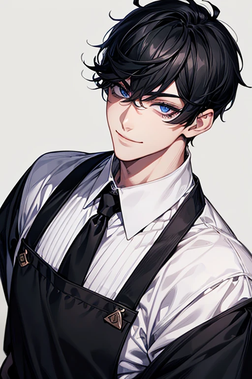 Man 1、Black short hair, Long black eyelashes、Black eyebrows、Handsome man,Have expressive eyes, Smile, blue eyes、Detailed background、long apron