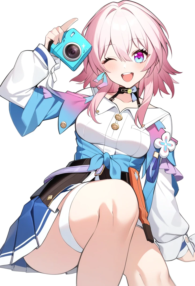 masterpiece,best quality,1girl, solo, upper body, holding camera, sitting, blush, smile, medium hair, pink hair, sidelocks, medium breasts, v, ;d, absurdres, black choker, black corset, blue jacket, blue skirt, collared shirt, flower ornament, gradient eyes, hair between eyes, highres, honkai: star rail, honkai \(series\), long bangs, long sleeves, looking at viewer, march 7th \(honkai: star rail\), one eye closed, open mouth, pleated skirt, simple background, single earring, thigh strap, tied jacket, two-tone eyes, upper teeth only, white background, white shirt, white sleeves,