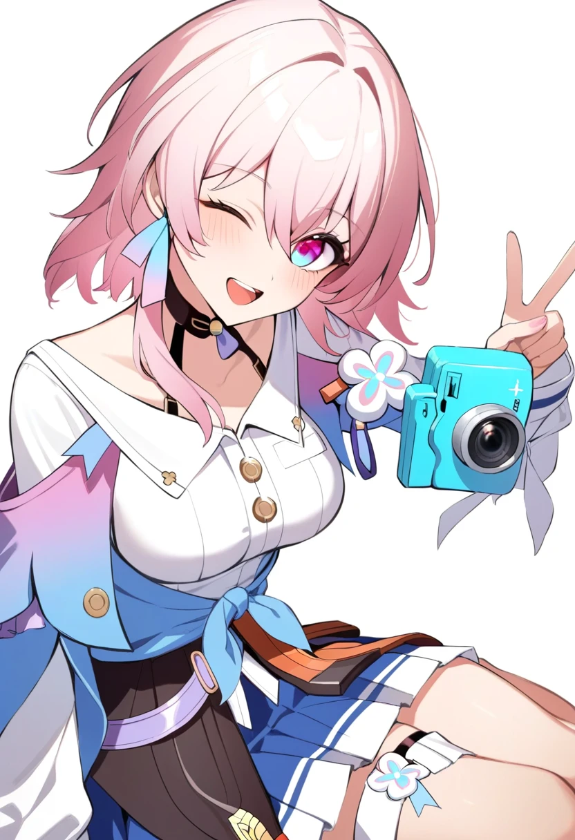 masterpiece,best quality,1girl, solo, upper body, holding camera, sitting, blush, smile, medium hair, pink hair, sidelocks, medium breasts, v, ;d, absurdres, black choker, black corset, blue jacket, blue skirt, collared shirt, flower ornament, gradient eyes, hair between eyes, highres, honkai: star rail, honkai \(series\), long bangs, long sleeves, looking at viewer, march 7th \(honkai: star rail\), one eye closed, open mouth, pleated skirt, simple background, single earring, thigh strap, tied jacket, two-tone eyes, upper teeth only, white background, white shirt, white sleeves,