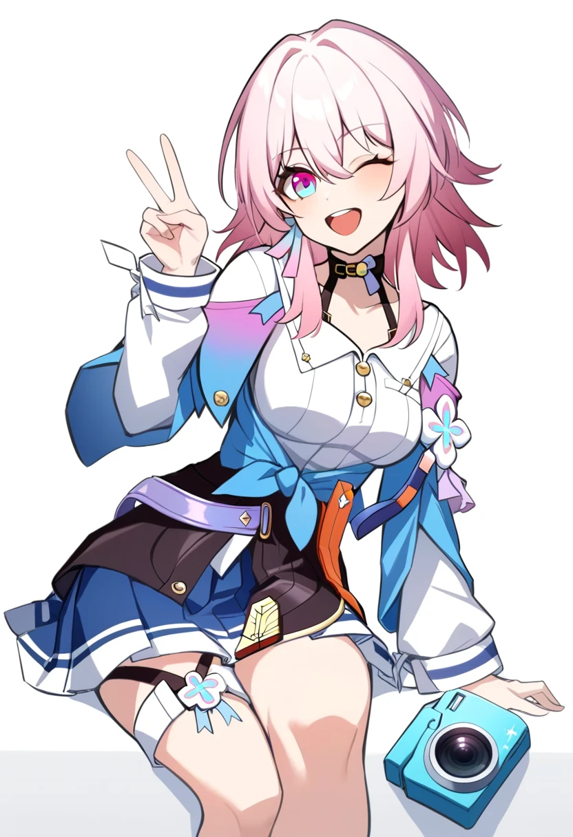 masterpiece,best quality,1girl, solo, upper body, holding camera, sitting, blush, smile, medium hair, pink hair, sidelocks, medium breasts, v, ;d, absurdres, black choker, black corset, blue jacket, blue skirt, collared shirt, flower ornament, gradient eyes, hair between eyes, highres, honkai: star rail, honkai \(series\), long bangs, long sleeves, looking at viewer, march 7th \(honkai: star rail\), one eye closed, open mouth, pleated skirt, simple background, single earring, thigh strap, tied jacket, two-tone eyes, upper teeth only, white background, white shirt, white sleeves,