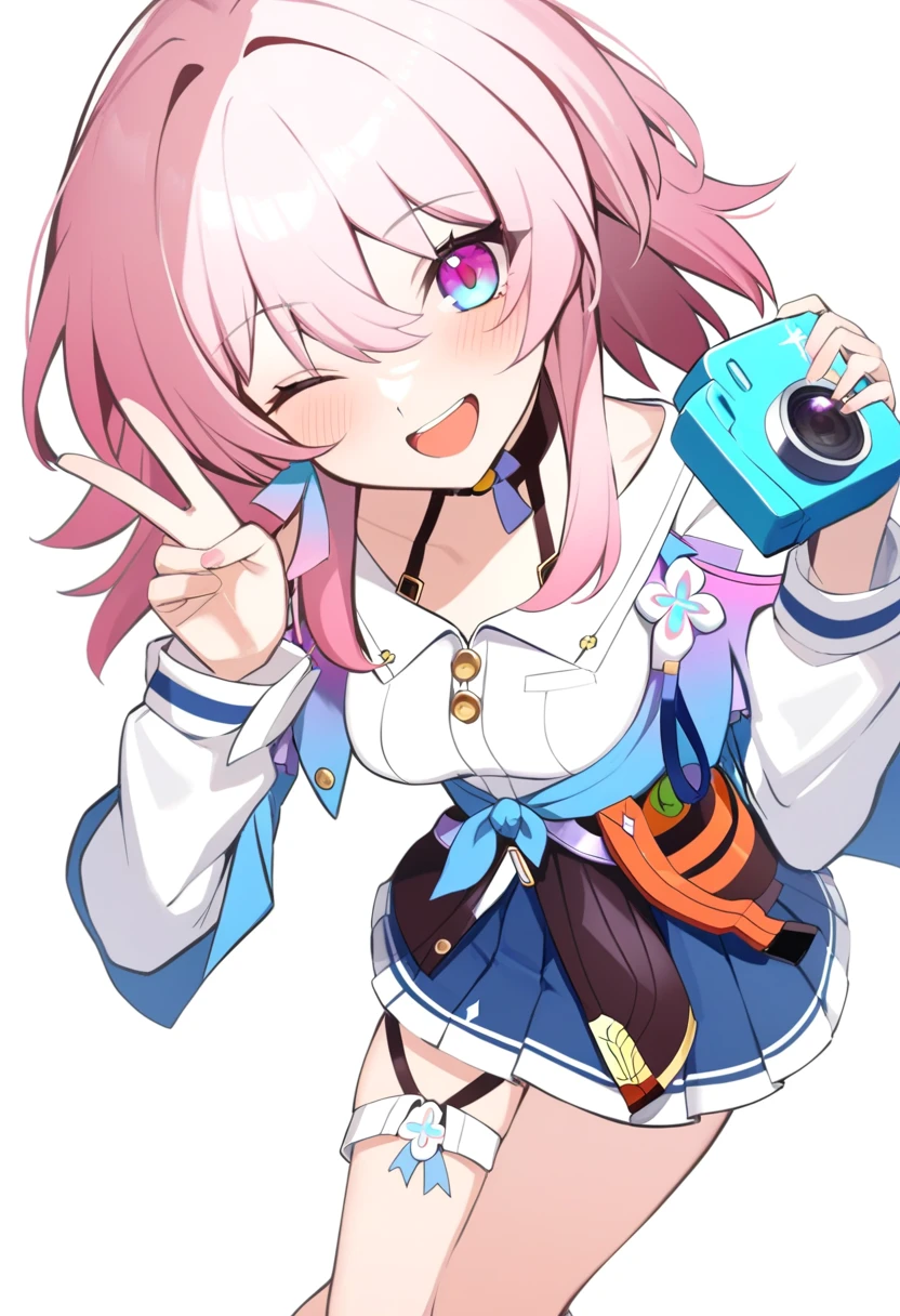 masterpiece,best quality,1girl, solo, upper body, holding camera, sitting, blush, smile, medium hair, pink hair, sidelocks, medium breasts, v, ;d, absurdres, black choker, black corset, blue jacket, blue skirt, collared shirt, flower ornament, gradient eyes, hair between eyes, highres, honkai: star rail, honkai \(series\), long bangs, long sleeves, looking at viewer, march 7th \(honkai: star rail\), one eye closed, open mouth, pleated skirt, simple background, single earring, thigh strap, tied jacket, two-tone eyes, upper teeth only, white background, white shirt, white sleeves,