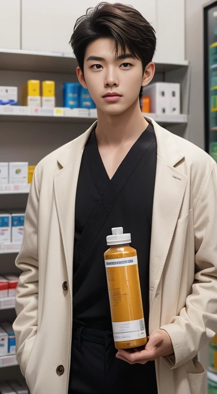 A asian boy,19 years old, handsome, Full Body Shoot, Short Quiff hairstyle, (eyes contact), look at camera, detailed facial parts, Manly, with a muscular constitution :: high detail, is in white clinical coat, holding a mortar, in a pharmacy, background with shelfs of medication, showing more background, surreal, fantasy, magical, intricate details, (dynamic upper body posture: 1.1), depth of field. Best quality, masterpiece, ultra high resolution, (anime realism, photorealistic: 1.4), perfect composition, centered, symmetry