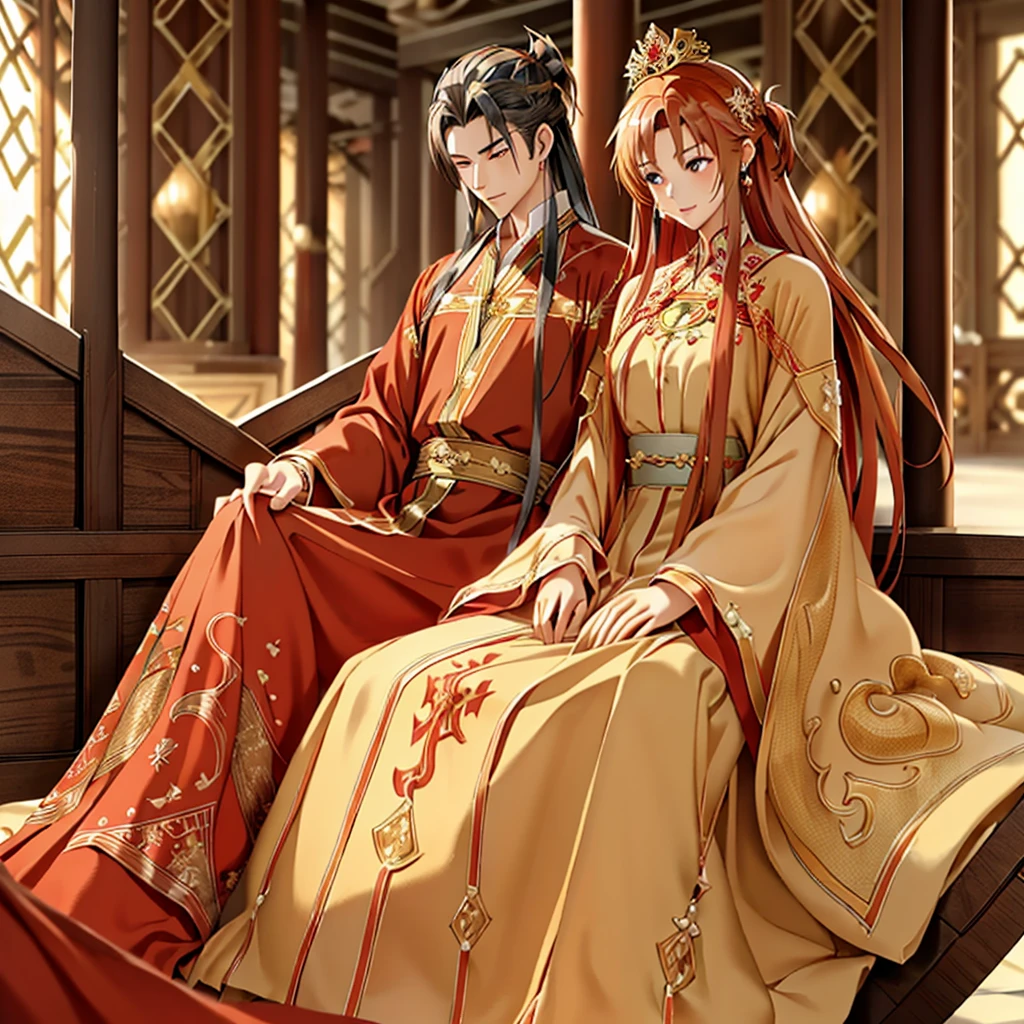 ((highest quality)), ((masterpiece)), (detailed), Perfect Face、Yuuki Asuna、Brown Hair、Hanfu、Gorgeous embroidery、cuddling with a man、((A man and a woman sit side by side on a large, luxurious throne in a palace))、Gorgeous Phoenix Crown、The woman is wearing a gorgeous court costume.、Woman has a happy face、Gorgeous hair ornament、Earrings、necklace、Bracelet、Luxury accessories、The woman is the empress、The man is the prince、Man hugs woman