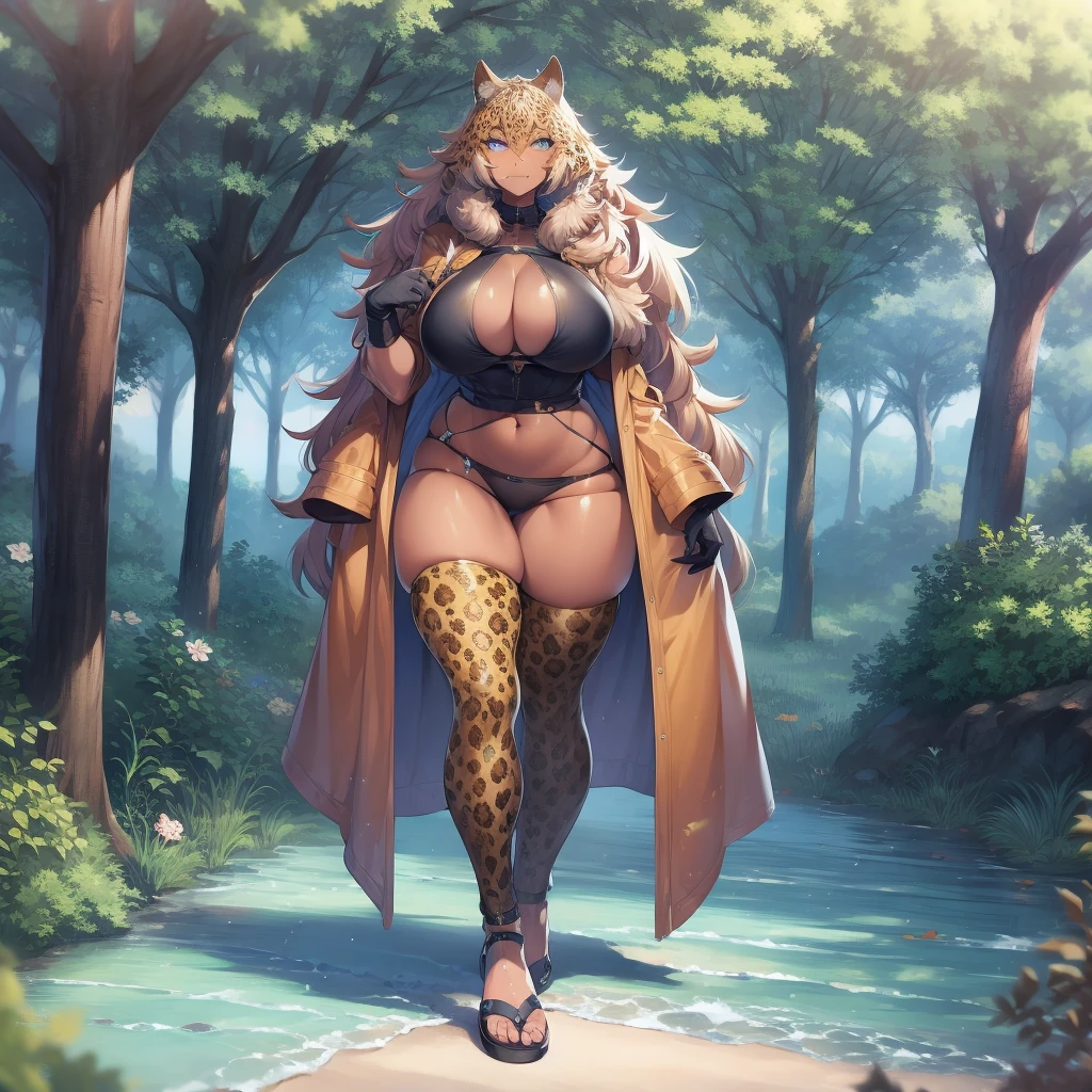 Muscle girl, dark-skinned woman, big thick chest, big thick buttocks, big thick thighs, happy,, coat jacket, pants, portrait, 1character, full body, walking, long dress, medieval, village, farm, forest,flipflops,blond hair,, leopard cloths