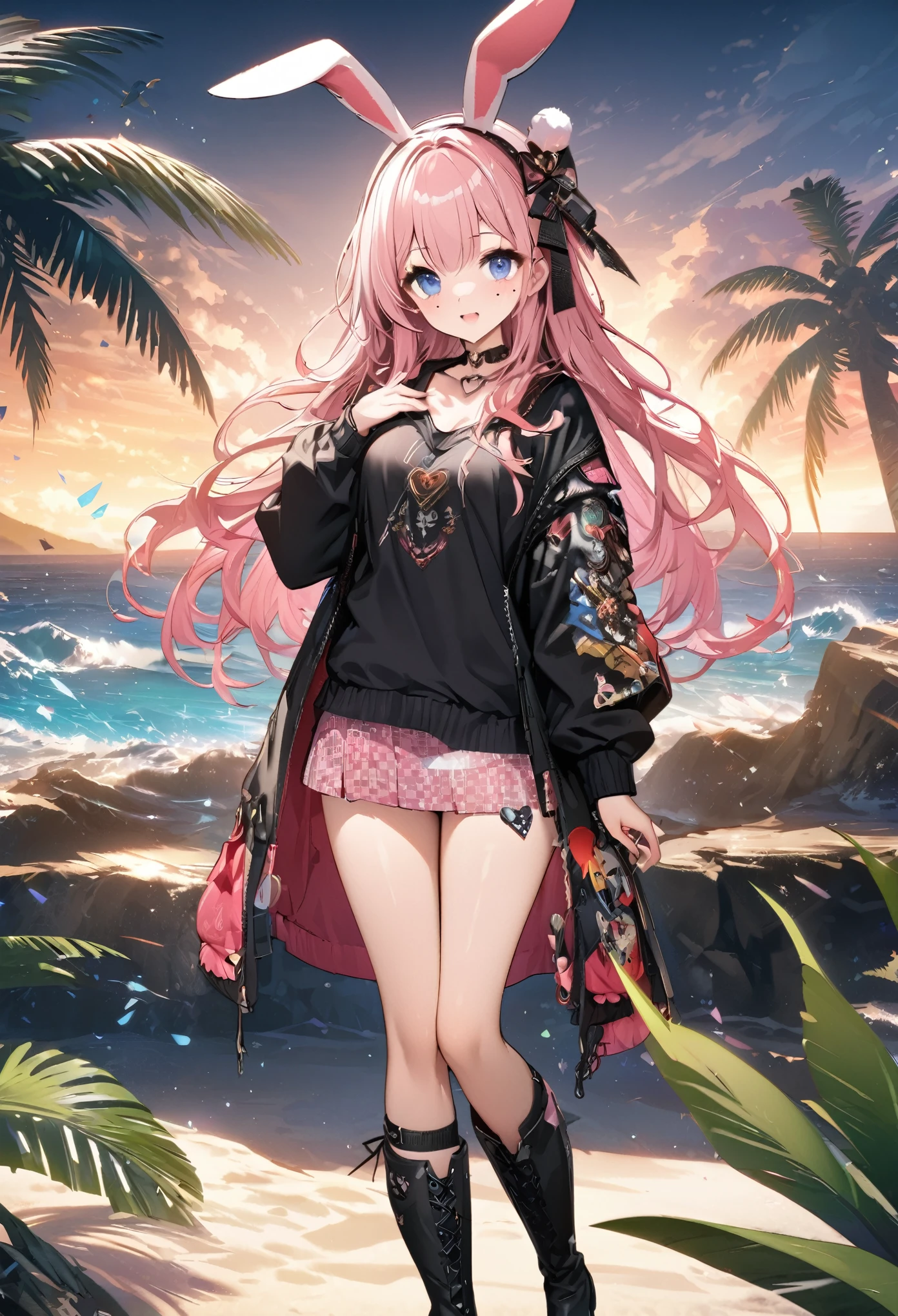 Black jumper with bunny ears、Pink patterned mini skirt、Knee-high boots、Pink long hair girl、Beautiful blue eyes anime girl、Mole under eye、Heart-shaped choker、Seaside、Palm tree、Hawaii、Standing posture、Staring at the audience、Computer Graphics Art、High resolution、highest quality、whole body、8K Character Concept、32k、Pixiv、An illustration、 Super detailed、Super detailedな顔、Megapixels、 Super detailedなHDR、clear、Overdecoration