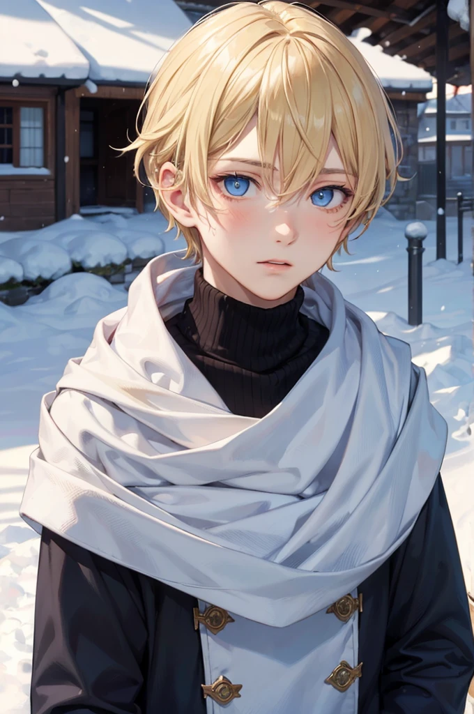 Portrait of a beautiful European boy,alone,16 years,Beautiful Face, Blonde, Sharp focus,snow day,boy,from the front,Look forward,Upper Body,blue eyes,