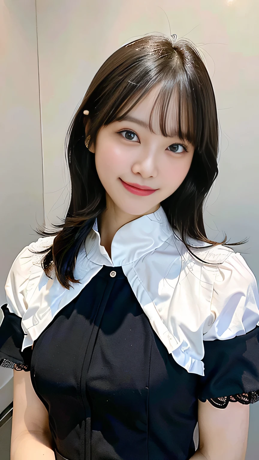 (highest quality、32k、masterpiece、Ticker:1.2)、One woman、((Beautiful Japanese Women))、(Beautiful girl)、Narrow waist、Black dress with lace collar、20-year-old、A white room bathed in the morning sun、(Cute pose:1.2)、(smile:1.5)、