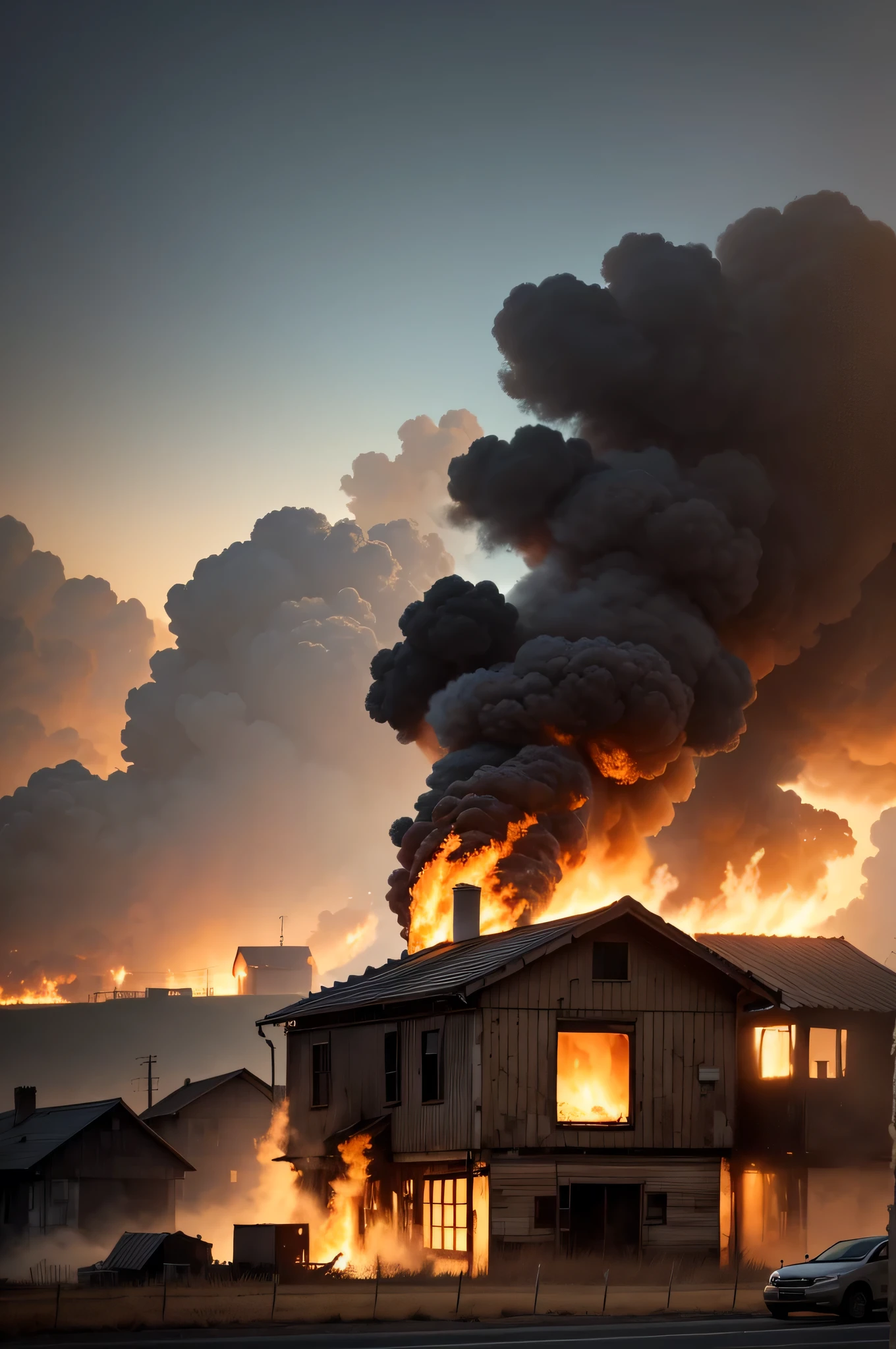 A burning house in the background, stock.