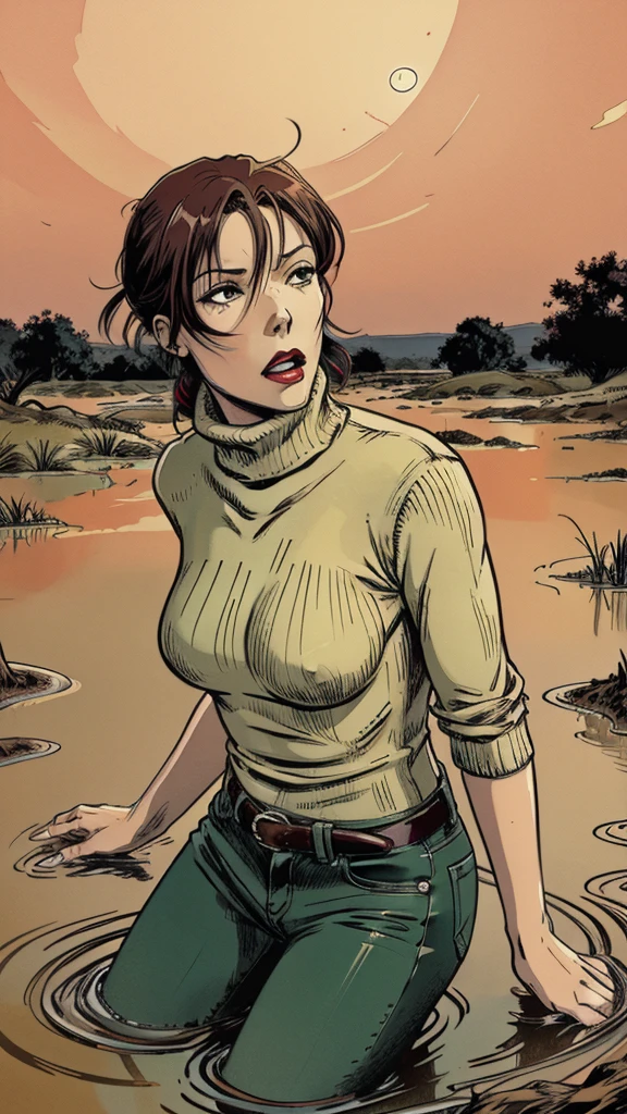vector image, anime, mid-aged woman, gloomy orgasm, turtleneck and jeans, drowning in the middle of quicksand bog, green,red,sky, red lips, turns around, provocative photo session