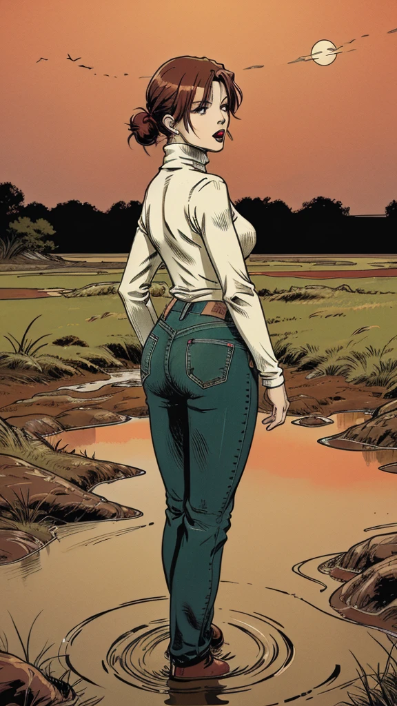 vector image, anime, mid-aged woman, gloomy orgasm, turtleneck and jeans, drowning in the middle of quicksand bog, green,red,sky, red lips, turns around, provocative photo session