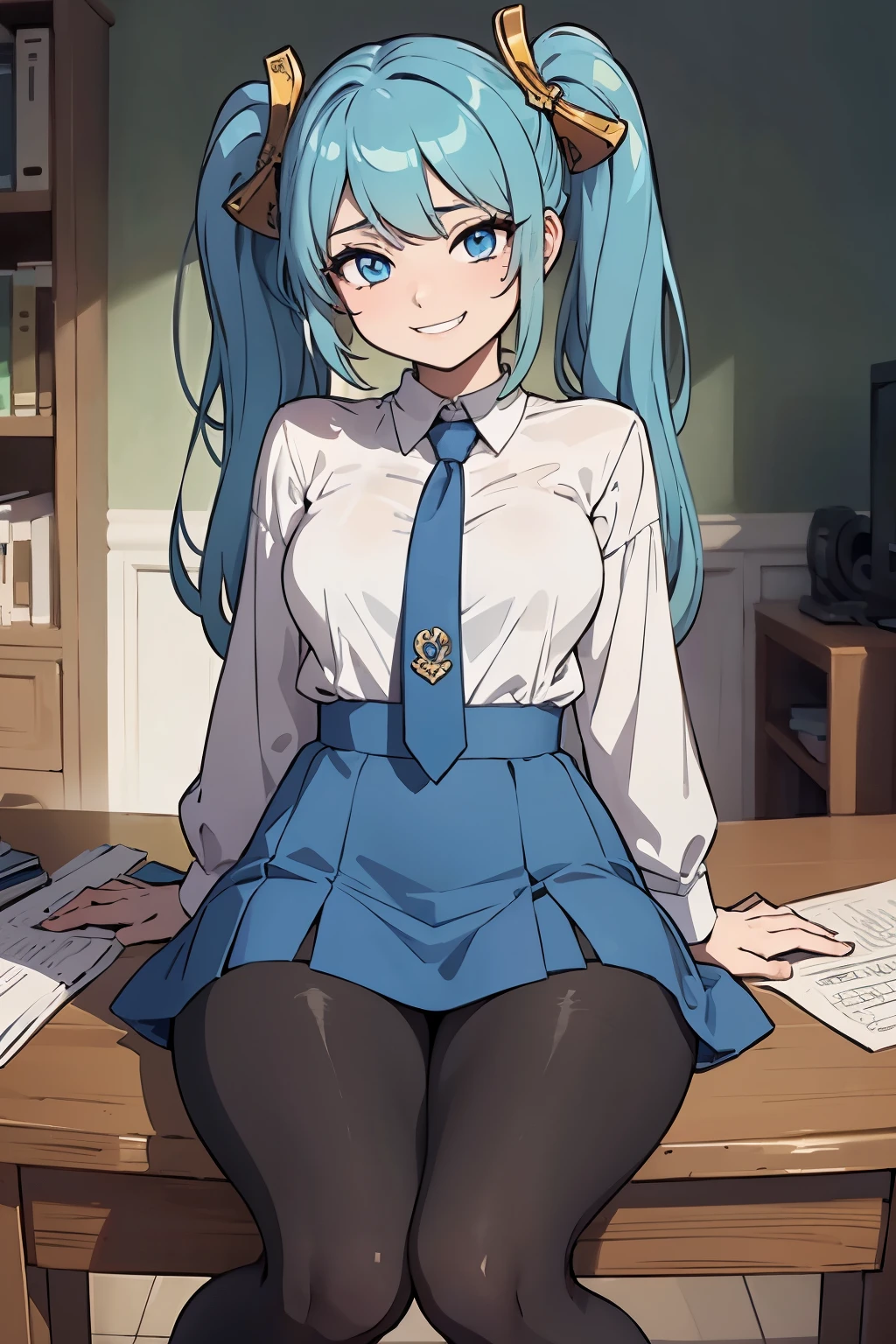 masterpiece, best quality, ultra-detailed, illustration, colorful, flat color, depth of field, 1girl, sona buvelle, anime, sitting, blue hair, twintails, blue eyes, looking at viewer, at office, white shirt, blue tie, blue skirt, pantyhose, black pantyhose, detailed skin texture, detailed cloth texture, beautiful detailed face, seductive grin