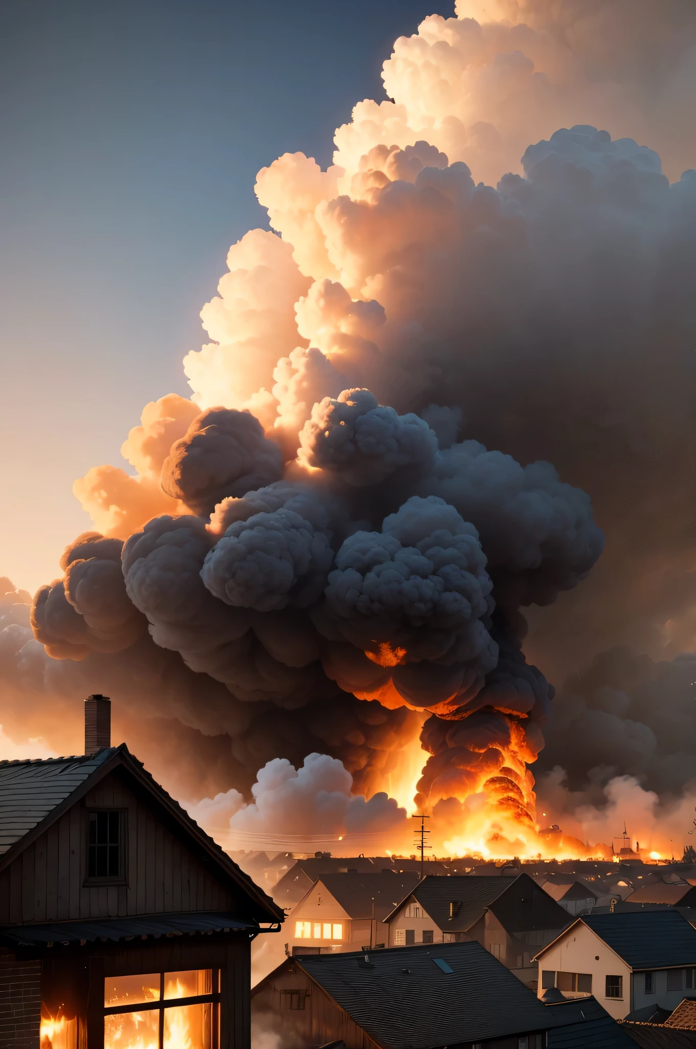 A burning house in the background, stock.