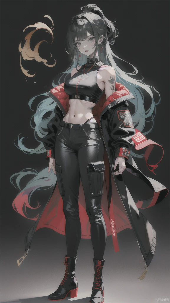 (Very detailed CG Unity 8k wallpaper),(masterpiece), (highest quality), (Very detailed), (Best illustrations), Muscle Girl、One beauty woman、bright blue hair、long Hair、straight hair、golden Eyes、big breasts、Toned body、Six Pack、Thick Arms 、Black military uniform、Tank top、Black trousers、boots、One tattoo on the shoulder、Earrings、cigarette、Sexy Pose、Simple Background