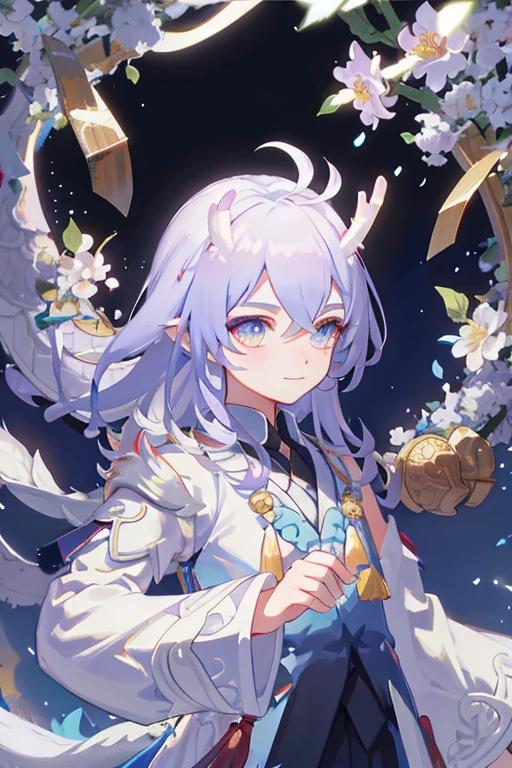 (Masterpiece), (Excellent), (Extremely fine), White dew, Square, spectator, Dragon tail horn, Upper body, Flowers, Streamers, Clouds,More details about the eyes，flickering eyes，smile