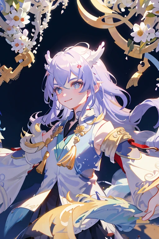 (Masterpiece), (Excellent), (Extremely fine), White dew, Square, spectator, Dragon tail horn, Upper body, Flowers, Streamers, Clouds,More details about the eyes,flickering eyes,smile
