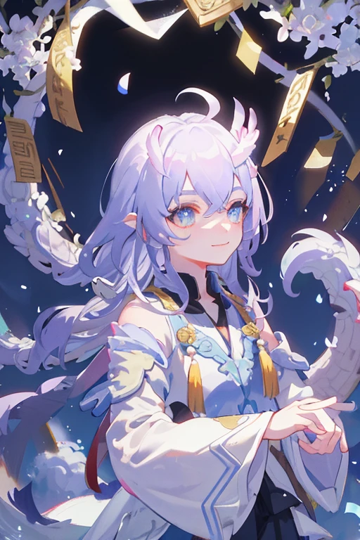 (Masterpiece), (Excellent), (Extremely fine), White dew, Square, spectator, Dragon tail horn, Upper body, Flowers, Streamers, Clouds,More details about the eyes，flickering eyes，smile