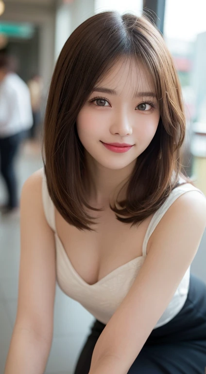 Tabletop, highest quality, shape, Very detailed, finely, High resolution, 8k wallpaper, Flawlessダイナミックな構shape, Beautiful and detailed, (Flawlessレースのブラジャー、FlawlessTback、White or pink、Crouch down、Full body description、M-shaped splits、1.6)Large Breasts, Natural color lip,かわいいsmile,20-year-old girl、Beautiful and elaborate face、Perfect and beautiful face,Big eyes、Beautifully detailed face、Perfect and beautiful double eyelids、Blur the background、Perfect and beautiful face、Feminine poses、Blur the background、Slim face and figure、Blur the background、Straight hair、Tokyo Station、Beautiful Hair、smile、Beautiful nails