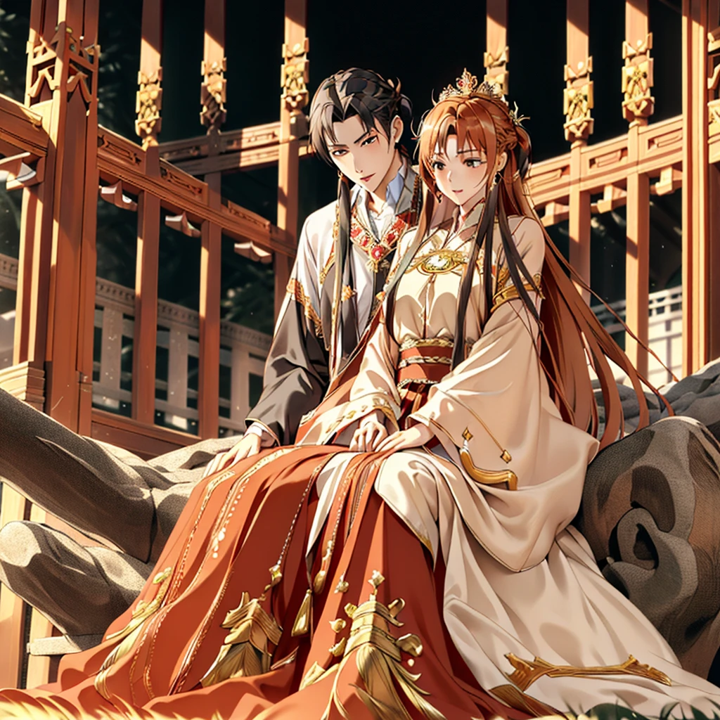 ((highest quality)), ((masterpiece)), (detailed), Perfect Face、Yuuki Asuna、Brown Hair、Hanfu、Gorgeous embroidery、cuddling with a man、((A man and a woman sit side by side on a large, luxurious throne in a palace))、Gorgeous Phoenix Crown、The woman is wearing a gorgeous court costume.、Woman has a happy face、Gorgeous hair ornament、Earrings、necklace、Bracelet、Luxury accessories、The woman is the empress、The man is the prince、Man hugs woman