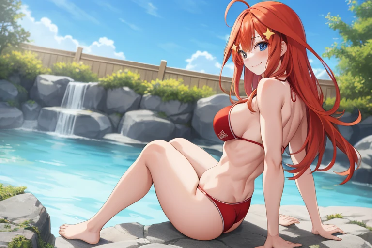 2d, masterpiece, best quality, anime, highly detailed, 5 girl, photo of 5 girl, quintuplets, nakano itsuki, red hair, long hair, star hair ornament, ahoge, large breasts, on all fours, onsen, red bikini, outdoors, smile, full body, sexy body, perfect body, yoga poses, abs muscular, belly button, side breasts, back on thigh, sitting crossed legs 