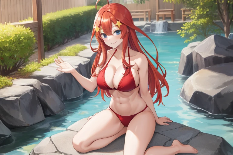 2d, masterpiece, best quality, anime, highly detailed, 5 girl, photo of 5 girl, quintuplets, nakano itsuki, red hair, long hair, star hair ornament, ahoge, large breasts, on all fours, onsen, red bikini, outdoors, smile, full body, sexy body, perfect body, yoga poses, abs muscular, belly button, side breasts, back on thigh, sitting crossed legs