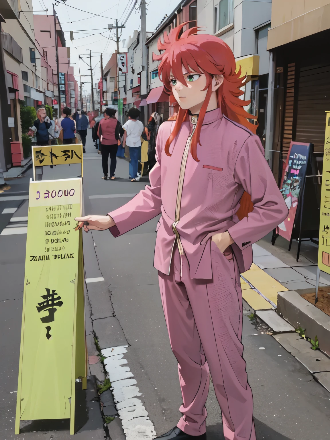 highest quality, Very detailed, figure, syonbenyokocho, street, japan,One boy, flower,  Long Hair, Redhead, Green Eyes, alone, Are standing, Contrasting, pink , pink uniform, 