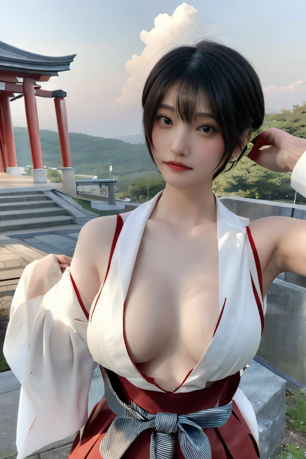 Masterpiece、highest quality、Woman 1、Long-limbed woman、Photo realistic、Super detailed、Gravure idol　Black Hair、short hair、Straight Hair　Red Hakama、Shrine maiden、White kimono　Sideide boob、Large Breasts、side　Raise your arms、Gravure pose　shrine