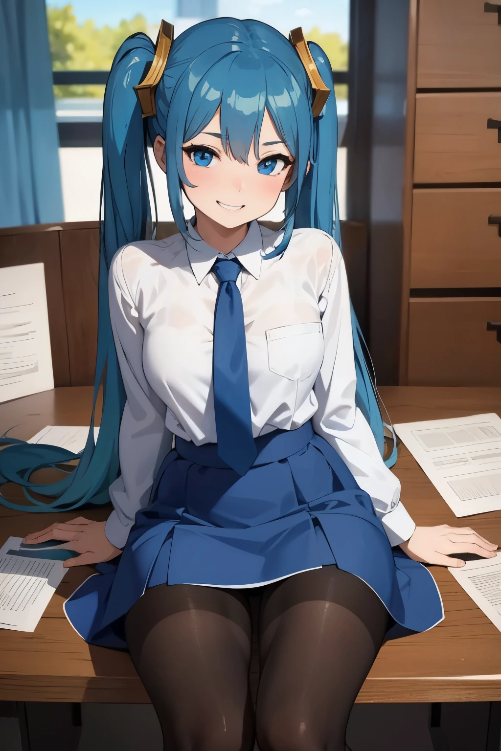 masterpiece, best quality, ultra-detailed, illustration, colorful, flat color, depth of field, 1girl, sona buvelle, anime, sitting, blue hair, twintails, blue eyes, looking at viewer, at office, white shirt, blue tie, blue skirt, pantyhose, black pantyhose, detailed skin texture, detailed cloth texture, beautiful detailed face, seductive grin