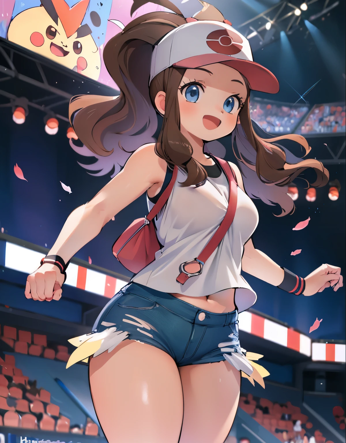 (best quality,4k,8k,highres,masterpiece:1.2), ultra-detailed, realistic:1.37, HDR, studio lighting, vivid colors, bokeh, hilda pokemon, def1, curvy girl, clenched fists, from below, look up to,  arms outstretched, twirling, revolving, in mid air, visible thighs, chubby thighs, thighs in the foreground,  in a stadium