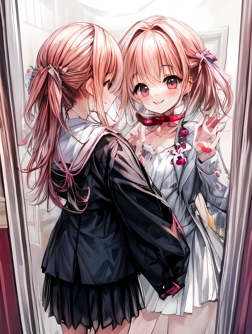 In a spring morning, a girl in a suit is checking herself in the mirror inside a room.