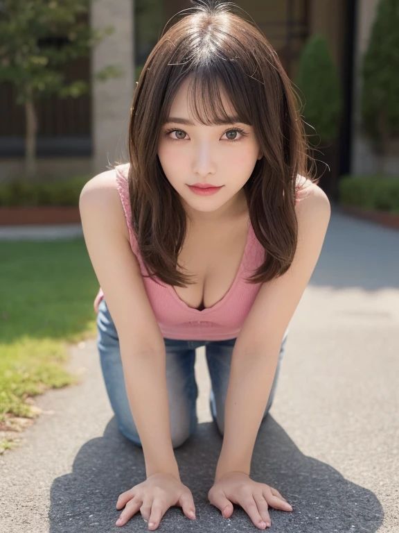 Tabletop, highest quality, shape, Very detailed, finely, (Flawlessレースのブラジャー、FlawlessTback、White or pink、Crouch down、Full body description、M-shaped splits、1.6)High resolution, 8k wallpaper, Flawlessダイナミックな構shape, Beautiful and detailed, Medium Hair, Small breasts, Natural color lip,smile,20-year-old girl、Midnight、Beautiful and elaborate face、Perfect and beautiful face、Slim face and figure,Spread your arms wide,Big eyes,Take a photo with your face raised from below your knees、Small face、Beautifully detailed face、Perfect and beautiful double eyelids
