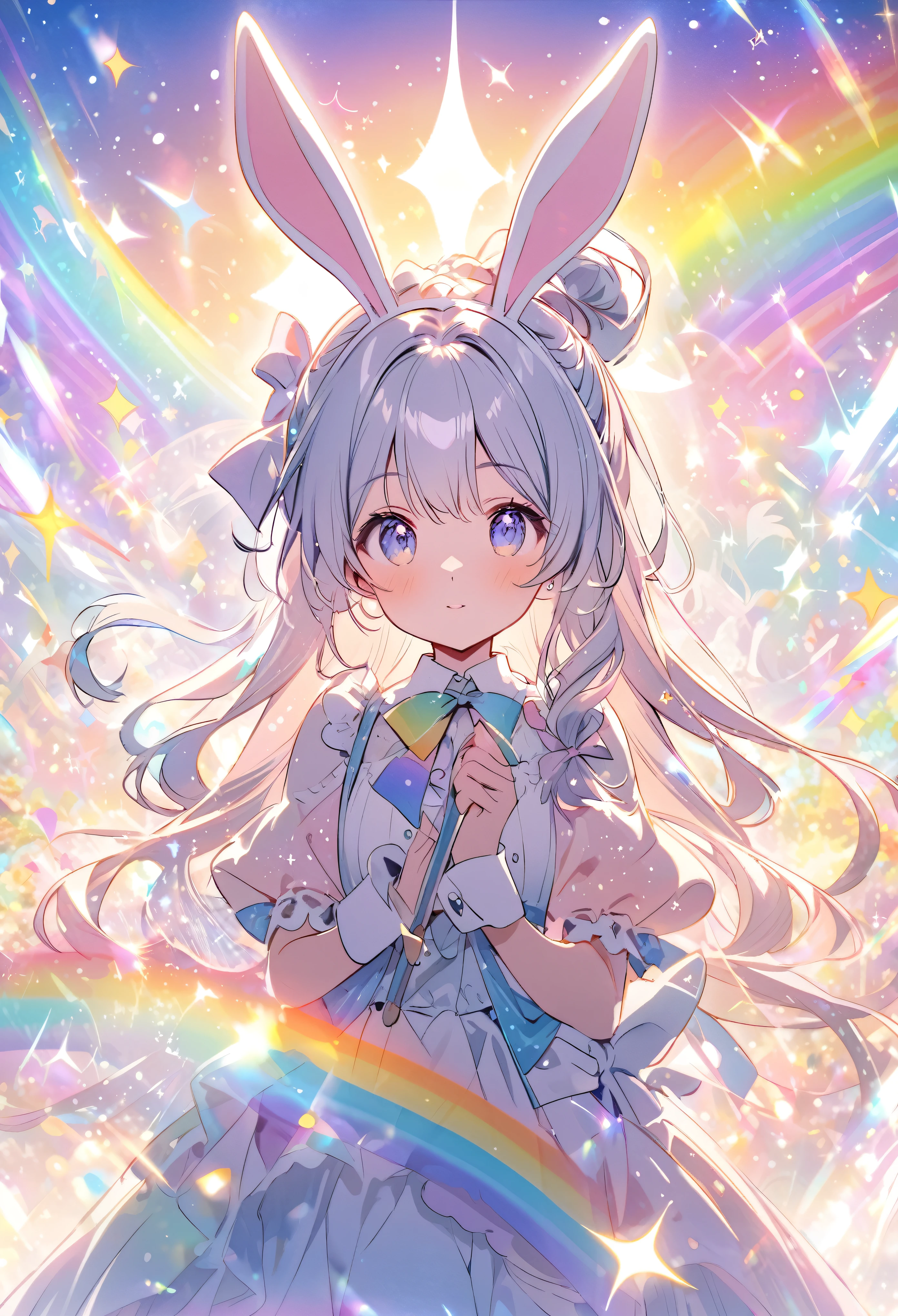 “A character with bunny ears and long hair tied with bows, surrounded by a magical rainbow and sparkles, set against a bright and glowing fantastical backdrop.”