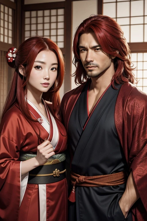 A man with a red or brown periwinkle, con cabello a la altura de los hombros, with a ninja suit and a red-haired woman with a kimono who are cousins and a couple from an ancient clan in Japan