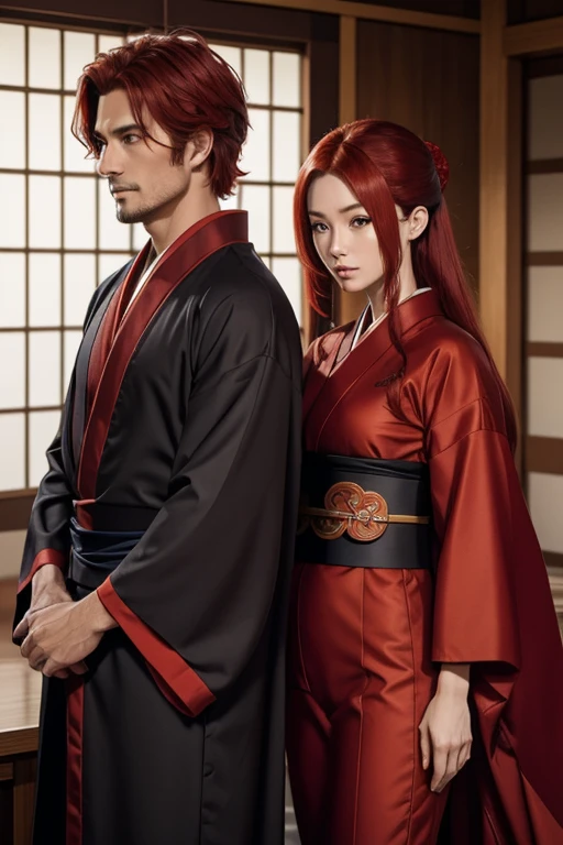 A man with a red or brown periwinkle, con cabello a la altura de los hombros, with a ninja suit and a red-haired woman with a kimono who are cousins and a couple from an ancient clan in Japan 