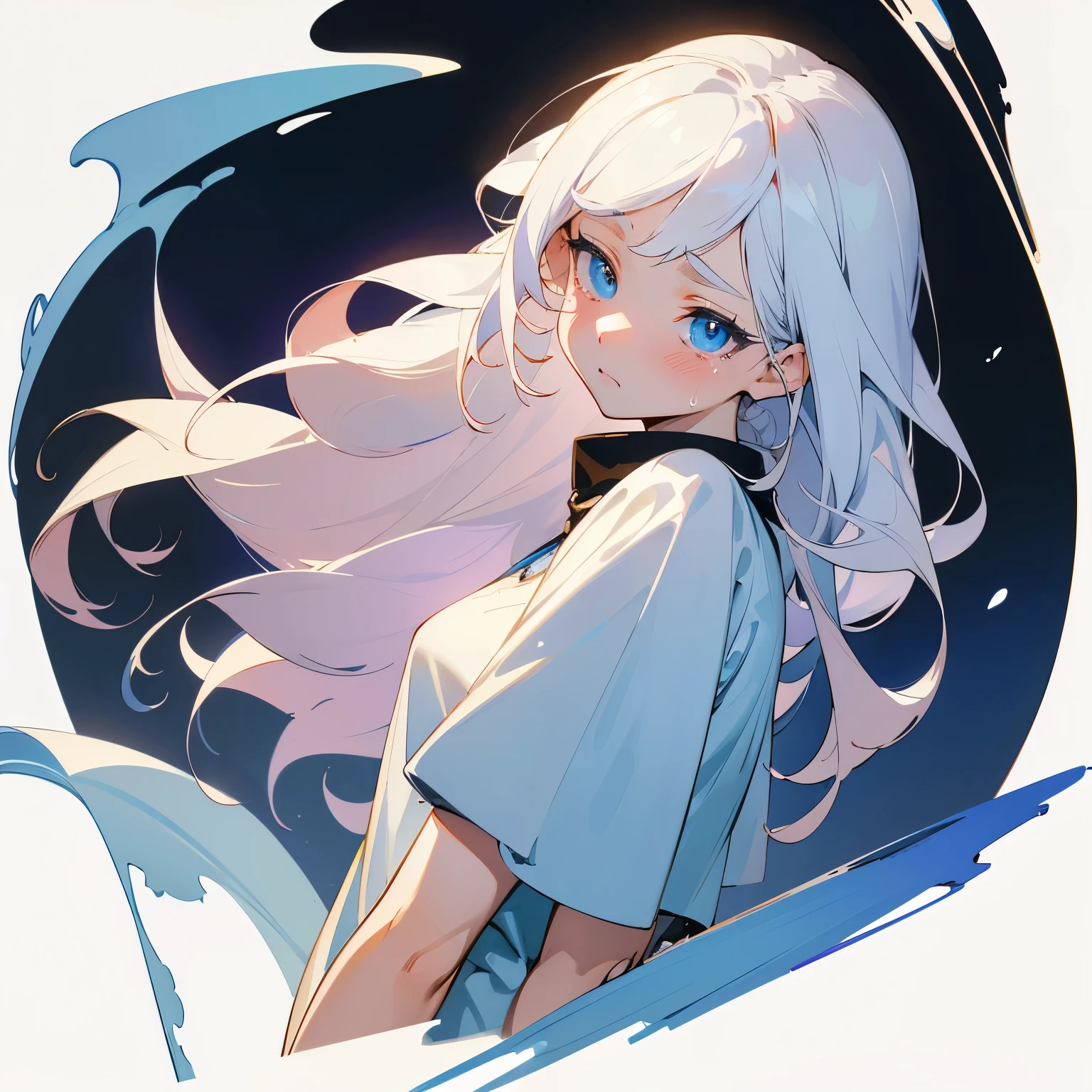 masterpiece, exquisite, beautiful, best quality, woman, semi long, white hair, blue eyes, fair skin, 20-year-old, kawaii, cel anime, from front, white background, no background, wide view, looking ahead, wide shot, flat background, half body photo, headshot, 4K, tearful, sad, jitome, t-shirt