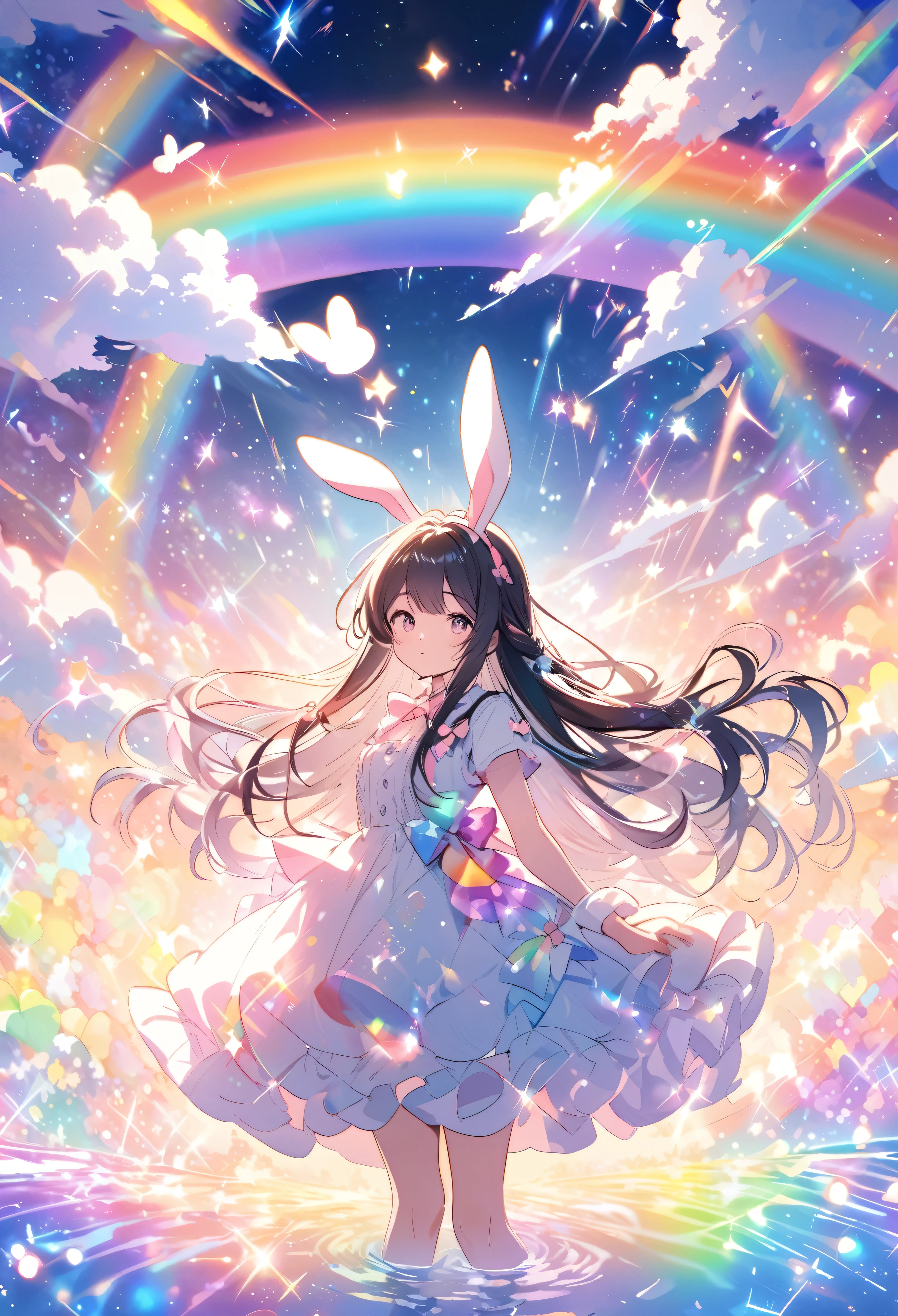 “A character with bunny ears and long hair tied with bows, surrounded by a magical rainbow and sparkles, set against a bright and glowing fantastical backdrop.”