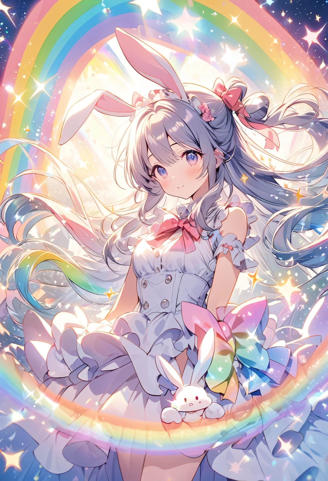 “A character with bunny ears and long hair tied with bows, surrounded by a magical rainbow and sparkles, set against a bright and glowing fantastical backdrop.”